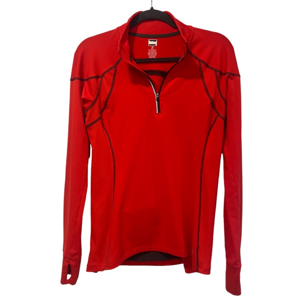 REI 1/4 Zip Pullover Top Women Size M Red Coral Thermal Shirt Headphone Pocket